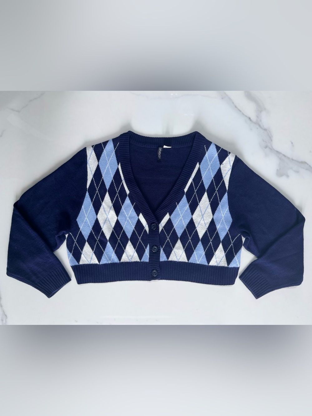 H&M Argyle Pattern Cropped Knit Cardigan Navy/Periwinkle Blue & White Size Large
